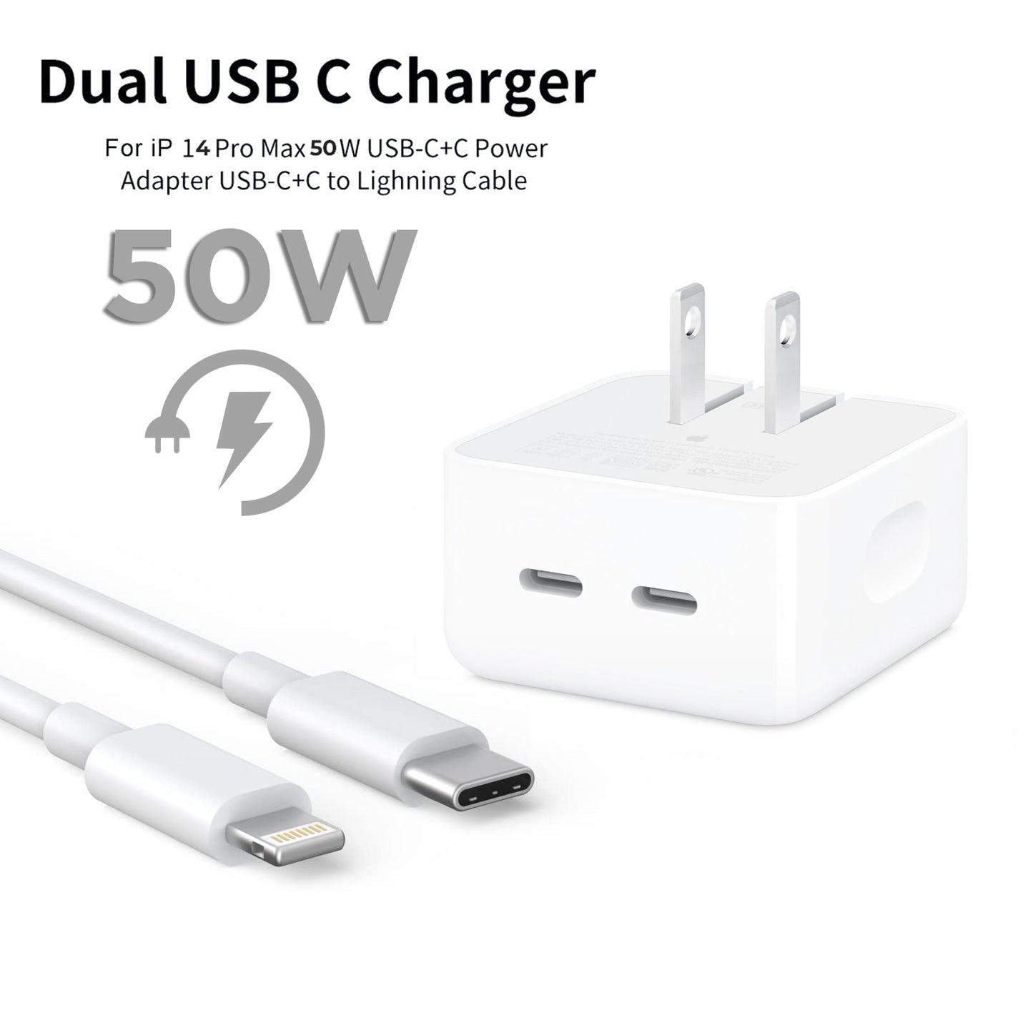 IPHONE 14 Pro 2 Pin (US PIN) 50W USB-C+C POWER Adapter With USB-C TO LIGHTINING CABLE